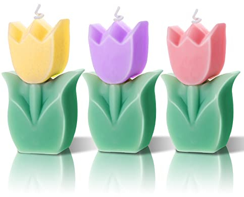 3 Pcs Tulip Shaped Aesthetic Cute Paraffin Wax Decorative Flower Candles - Funky Scented for Gift Wedding Party Favors (Pink, Yellow, Purple)