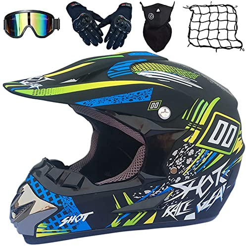 Casco Motocross Niño ECE Homologado, Casco Cross Motocicleta MX Enduro para Mujer Hombre Adultos Infantil, Casco Moto Integral Casco Descenso con Gafas Máscara Guantes Red De Casco (52~59cm),A-L
