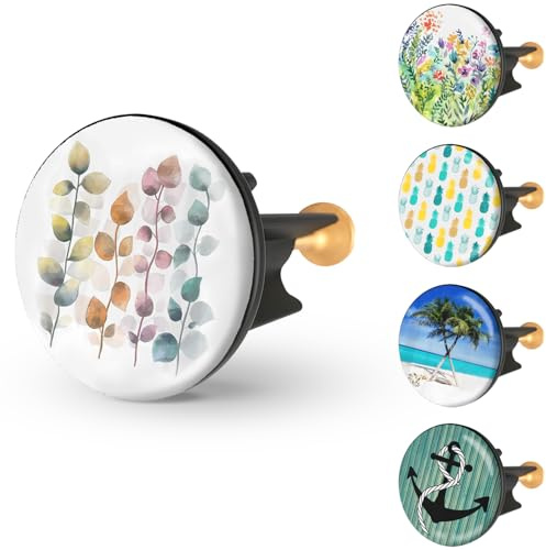 arteneur Waschbeckenstöpsel 40mm mit Motiv Bunte Blätter | Excenterstopfen mit Edelstahl-Kopf, extra schwere Messingschraube für stabilen Halt, höhenverstellbar 65-85 mm, rostfrei