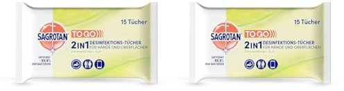 Sagrotan 2in1 Desinfektionstücher mit Zitronenblüten-Duft – Zum Desinfizieren von Händen und Oberflächen – 15 Tücher (Packung mit 2)