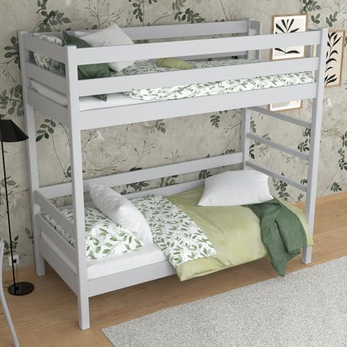 N-Wood N03 Etagenbett 80x200 cm, Hochbett Holz, 2 Leitermontageseiten: Links oder rechts, sichere abgerundete Kanten, Stabile Massivholzkonstruktion, Hochwertige und umweltfreundliche Lacke, Grau