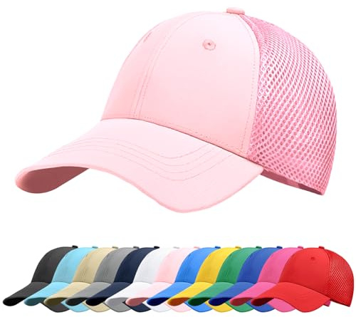 Baynetin Baseball Cap, Unisex Breathable Solid Color Mesh Back Adjustable Snapback Closure Anti UV Sun Protection Hat (Light Pink)