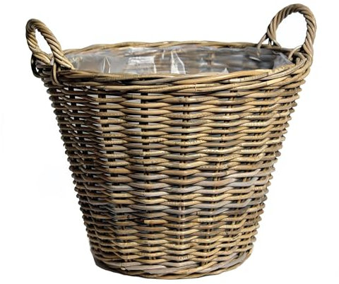 Spetebo Cesta para plantas de mimbre natural con asas, 34 cm, cesta de mimbre con lámina, cesta decorativa para jardín, cesta de mimbre trenzada