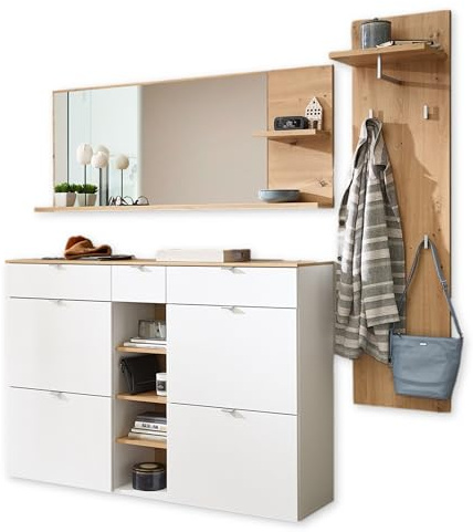 BARI Flurgarderoben Set in Weiß, Artisan Eiche Optik FSC-Zertifiziert - Modernes Garderobenset 3-teilig für Ihren Eingangsbereich - 208 x 202 x 38 cm (B/H/T) | 208 x 202 x 38 cm (B/H/T), Garderobenset mit Schuhschrank, Garderobenpaneel und Wandspiegel für den Flur