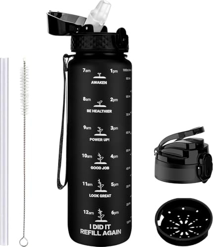GOPPUS Botella de agua de 1 l/32 oz con pajita Botella deportiva de 1 litro con marcas de tiempo Botellas motivacionales con medidor reutilizable Botellas de agua de gimnasio para hombres Botellas de