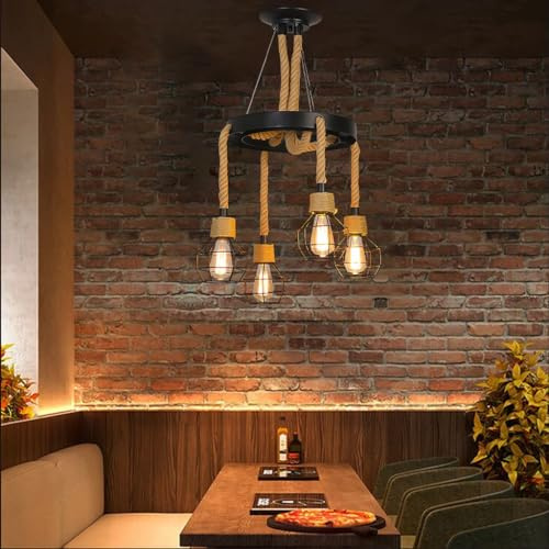 RuiRfh Industrielle Vintage Pendelleuchte mit 6 Lichtern Hanfseil Kronleuchter schwarzes Metallwagenrad rustikaler Art Deco Stil hängende Deckenleuchte höhenverstellbar für Esszimmer Wohnzimmer Zuhaus