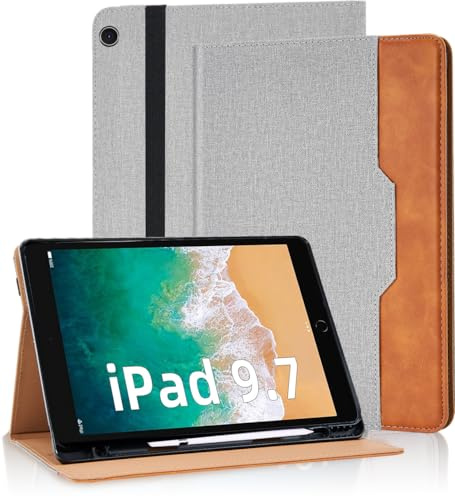 Vkooer Funda para iPad 9,7 2018/2017 (iPad 6ª/5ª generación), iPad Air 1/Air 2 Carcasa PU Cuero [Auto-Sueño/Estela] Flip Case Cover con Función de Soporte - Gris