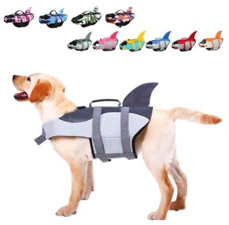 Rettungswesten für Hunde Schwimmweste Hunde Hai, Leicht und Sicher für Wassersport, hundeschwimmweste mit Griff und Reflektierend für Kleine Mittlere und Große Hunde Grau M