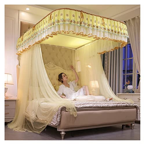 Stickerei Spitze Erhöhung Bodenstehende U-förmige Schiene Moskitonetz Korean Palace Upgrade Halterung Himmelbett Vorhänge (Farbe: Gelb, Größe: 200 * 220 cm)