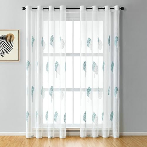 Daesar Gardinen Halbtransparent mit Ösen, Vorhänge Lichtdurchlässig 2er Set 86x214CM Nordisch Stickerei mit Azurblau Blätter Motiv Weiß Vorhänge Wohnzimmer Küche