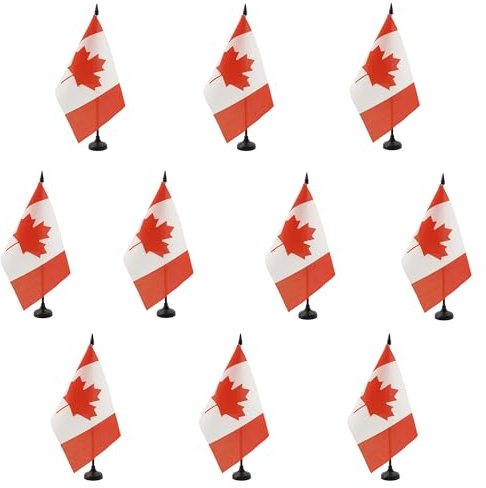 AZ FLAG Lot de 10 Drapeaux de Table Canada 21x14 cm Socle Plastique | Usage intérieur Drapeau de bureau canadien finition cousue et bords renforcés avec mât en plastique et socle en plastique