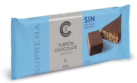 Castillo de Jijona - Nougat chocolat croustillant sans sucre 200 g - Nougat sans sucre - Doux et croustillant - Sans gluten - Qualité suprême - Recette artisanale - Fabriqué en Espagne (Jijona)