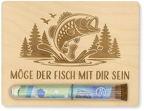 ZUKLA Verpackung für Geldgeschenke Fisch - 13 x 10 cm - mit Reagenzglas - Geschenk für Angler - Geldgeschenk Verpackung Holz - Geschenkgutschein