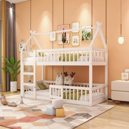 KUAKE Etagenbett 90x200, Kinderbett Hochbett für 2 Kinder, Hausbett mit Treppe und Tür, Kinderhochbett mit Rausfallschutz und Lattenrost, Bettgestell Stockbett Familienbett Loft Bett(Weiß, 90×200cm)
