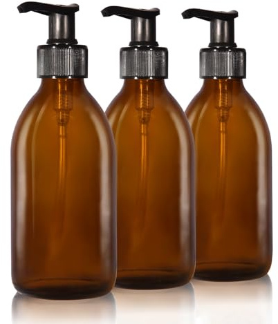 Oputec 3 x 250ml Seifenspender aus Glas: Extra sparsam bis -70% - Shampoo Flaschen zum Befüllen als Handseife-Spender, Pumpspender, Pumpflasche aus Braunglas für Küche & Badezimmer