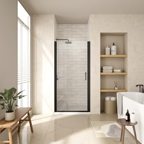 Frameless Pivot Shower Door 24-25.4 W x 72 H, Swing Shower Glass Doors with 1/4(6mm) Clear SGCC Tempered Glass,Reversible Installtion, Matte Black