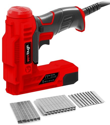 Werktough Electric Brad Nailer Staple Gun 2 in 1 Good for Home Decoration Leather and Carpentry 3000pcs Free Nails and Staples (T50 Staples:12mm,14mm Each 1000pcs, 18GA Brad Nails:14mmx1000pcs)-Red