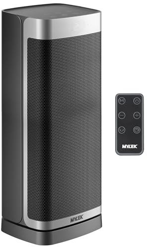 Mylek Electric Fan Heater 2000W, Ceramic Portable Silent Space Energy Efficient Heaters Upright, Cool Mode, Home, Bedroom, Office, Remote Control, Digital, Safety Tip Over (2KW Silver and Black)