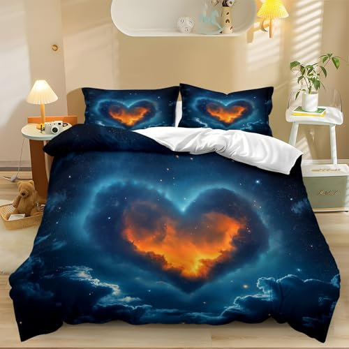 Copripiumino Blu Scuro, Fantasia Amore Cuore Nuvole Nel Cielo Notturno Stampa Set Parure Copripiumino Microfibra 3 Pezzi Chiusura a Cerniera, Set copripiumino di facile manutenzione260 x 220 cm