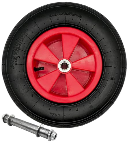 HERO Schubkarrenrad 4.80/4.00-8 4PR Schubkarrenreifen mit Universal Achse 20 mm – Luftbereiftes Ersatzrad Ø 380 mm, Kunststofffelge Rot, Doppelrollenlager, 95 kg Traglast – für Schubkarre Sackkarre