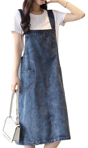LIUYUYOUGO Abito Donna Vestito Scamiciato in Denim per Donna Lungo Tasca con Cuciture Salopette in Denim Blu Salopette in Jeans Lavata Vintage Midi Gonna Estate Casuale Larga Senza Maniche Canotta A