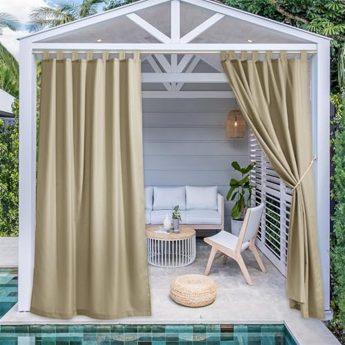 FASCINATDECO Outdoorvorhänge mit Abnehmbaren Schlaufen Outdoor Vorhang Wasserdicht Sonnenschutz Gardinen für Pavillon & Terrasse Schlaufenschal 2er Set H 213 x B 132 cm, Taupe