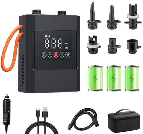 HUAJUN SUP Pompa Gonfiabile Elettrica, 12000 mAh, Ricaricabile, Gonfiabile/Sgonfiaggio con 6 Ugelli e Cavo di Ricarica Accendisigari per Lavagne, Kayak, Materassi