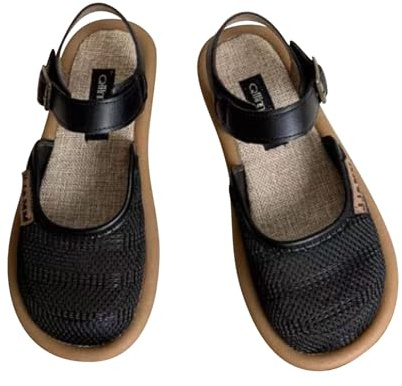 Generisch Mary Jane Shoes Women's Sandals Breathable Knitted Women's Shoes Wide H Summer Sandals, Round, Retro, Buckle, Straps, Flat, Soft, Lolita, Princess, Chic, Elegant, black, 7 UK