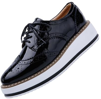 Zapatos Oxfords de plataforma para mujer, clásicos, con tacón grueso, de cuero, punta redonda, con cordones, tipo alpargatas, para vestidos, transpirables, cómodos, brillantes, Black, 37.5 EU