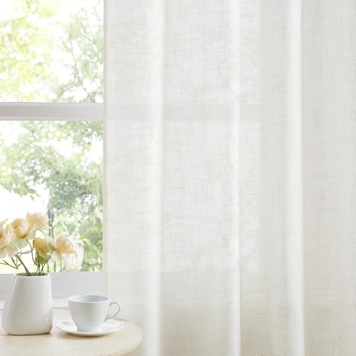 Treatmentex Leinen Gardinen mit Ösen 136cm Breite Slub-Textur Halbtransparent Ösenvorhang Gardinen Leinenoptik Lichtdurchlässig Vorhänge für Schlafzimmer Bauernhaus Wohnzimmer-2 Stücke 136x225CM Natur