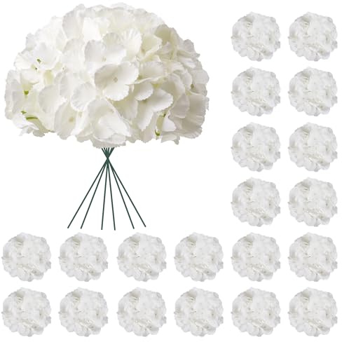BSMYBO 50pcs Hydrangea Artificial Flowers White Faux Hydrangea Flowers Heads with Stems Silk Flowers for Wedding Arch, Table Centerpieces, Home, Garden, Baby Shower, Party Decor
