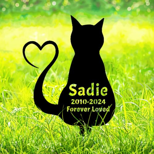 Personalized Custom Metal Cat Memorial Garden Stake Grave Marker Engraved Name Sign with Love Heart, Cat Silhouette Burial Stake Flowerbed Decor Marker Garden Ornament Pet Sympathy Gift