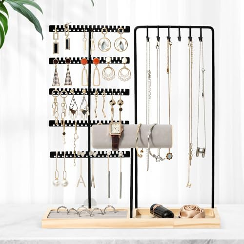 Focenat Espositore Portagioie con Base, Porta Gioielli 5 Livelli, Porta Collane e Orecchini, Supporto per Bracciali Anelli, Espositore per Orecchini, Collane, Anelli e Bracciali