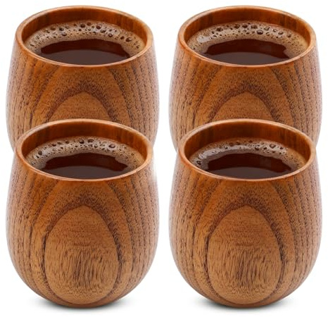 WIYETY 4 Stück Holzbecher 200ml, Naturholz Trinkbecher Holz, Flachboden Design Holztassen Schlicht, Holzbecher Kaffee, Holz Tee Set, für Zuhause und Büro