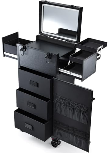 Rolling Makeup Case with LED mirror, Cosmetology Case on Wheels with Lighted Mirror, Professional Salon Trolley Cart with 3 Drawers,Travel Makeup Lockable Beauty Organizer with Live Stream Light