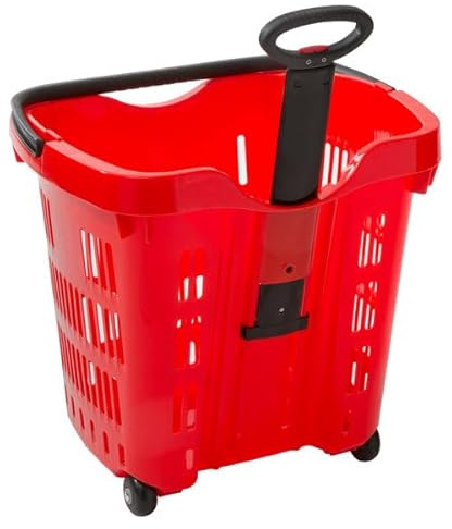 Glownary Red Plastic Shopping Basket with Wheels, 21.25 x 16.5 Inch, 45 lb Capacity, Stackable, Telescopic Handle, 6 Pack
