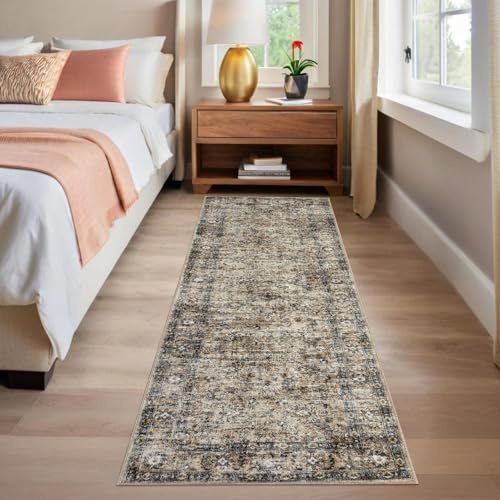 LuxFocus 60x230cm Washable Runner Rugs for Hallway, Non-Slip Kitchen Rug, Low Pile Vintage Distressed Carpet Runners, Oriental Carpet Indoor Carpets for Bathroom Entrance, Brown