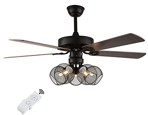 Ventilatori da Soffitto, Lucir Ventilatori, Ventilatore da Soffitto Industriale da 52 Pollici con 5 Luci e Telecomando, Ventilatore da Soffitto a Led Di Metà Secolo con 5 Pale Reversibili in Stile Fat