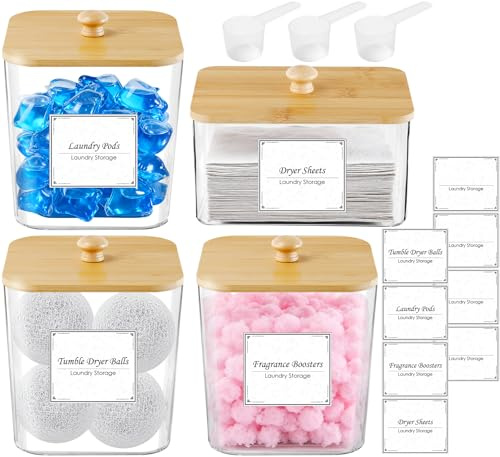 Cptoion Laundry Pods Storage Container, Clear Laundry Pods Containers with Wooden Lid & Labels,Detergent Powder Organizer for Pods,Dryer Sheets,Scent Beads,Acrylic Jars with Scoops,3+1 Set