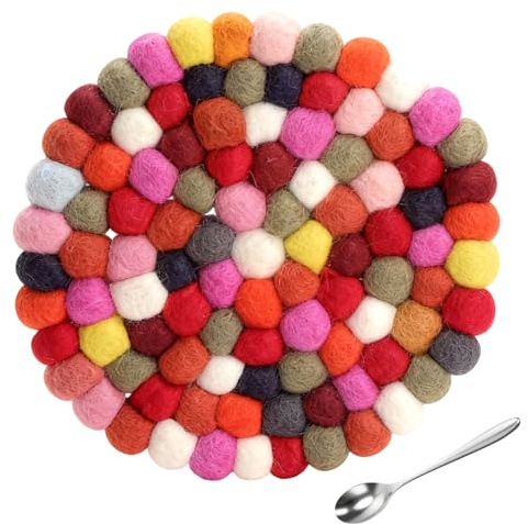 KQDRAVINE 1 Sous-verres en Feutre de 20 cm et Une Cuillère à Café, Résistante à la Chaleu Felt Pot Coasters pour Tasses Casseroles Poêles et Tasses Feutrée à la Main évite les Brûlures Dans la Cuisine