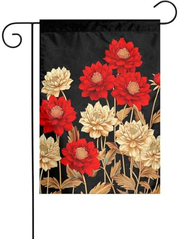 Drapeau de jardin Dahlias rouges et dorés - 30 x 45 cm - Vertical double face - Décoration extérieure de ferme - Drapeau de cour
