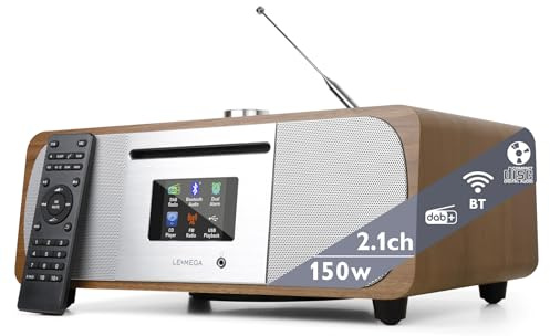 Lettore CD LEMEGA M6P con Radio DAB/DAB+/FM,Bluetooth,Impianto Hi-Fi Stereo da 150 W con Subwoofer Integrato,Display a Colori da 2,8,40 stazioni Preimpostate, telecomando,Struttura in Legno Acustico