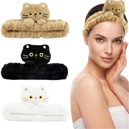 Aribliseza Diadema de Cosméticos, Set de 3 Piezas, Diademas de Orejas de Gato para Mujeres, Bandas de Pelo Suaves y Esponjosas para Cuidado Facial, Ducha y Yoga