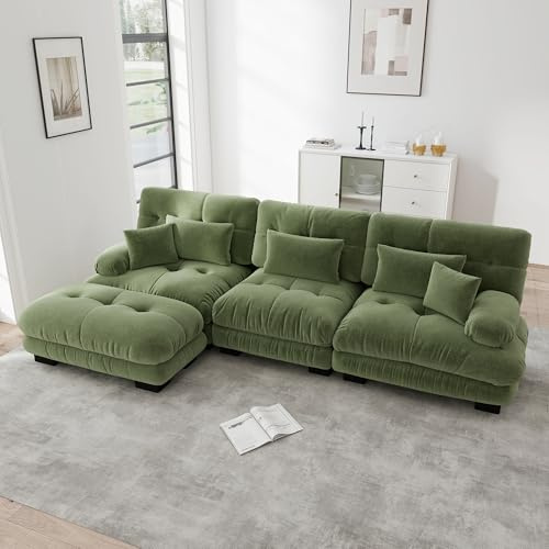 OPODEE Modulares Ecksofa L-Form Cloud Couch XXL Wohnlandschaft mit Hocker, 4-Sitzer Sofa Garnitur aus Vintage Chenille, Tiefes Schlafsofa mit Ottoman für Wohnzimmer & Büro, 313x145x81 cm, Dunkelgrün