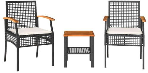 Qnhdfrt 3-TLG. Bistro-Set aus Poly-Rattan und Akazienholz, Gartenmöbel-Set mit 2 Stühlen und Beistelltisch, Sitzgruppe für Balkon und Terrasse, inkl. Sitzkissen