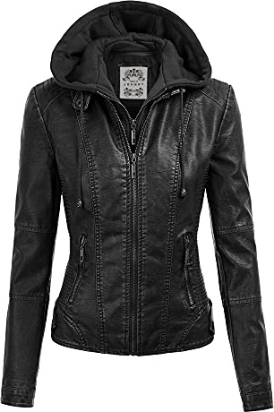 Made By Johnny MBJ WJC1044 Womens Faux Leather Quilted Motorcycle Jacket with Hoodie M Black