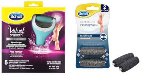 Scholl Velvet Smooth elektrischer Hornhautentferner Pro – Zur Hornhautentfernung auf nassen und trockenen Füßen – 1 Gerät + Ladestation & Velvet Smooth Ersatzrollen Ultra Stark – 2 Rollen