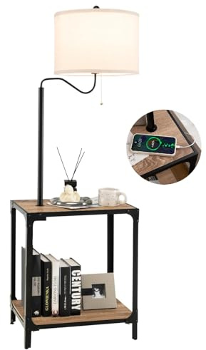 RELAX4LIFE Lampadaire sur Pied avec Tablette de Bois, Poteau Rotatif à 360° | Lampe de Salon E27 à Lumière Chaude avec 2 USB pour Chambre et Lecture