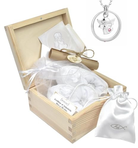Taufe Geschenk Set Mädchen Taufkette Silber 925 Taufring Engel-Motiv Baby Schuhe Glückwunschkarte Märchen Schutzengel Holz Schatulle Taufgeschenke