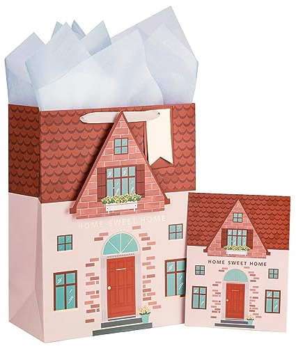 Loveinside Orangefarbene Geschenktüte mit Seidenpapier, Geschenkanhänger und Grußkarte für Einweihungsfeiern, Party, Babyparty und mehr – 25,4 x 12,7 x 33 cm, 1 Stück – Orange House